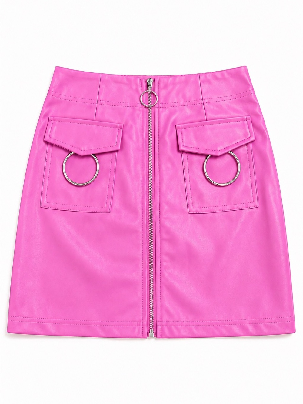 Hot Pink Faux Leather O-Ring Zip Front Mini Skirt